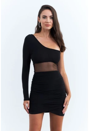 Kadın Siyah Drapeli Tül Detaylı Mini Yılbaşı Elbise ELT3850