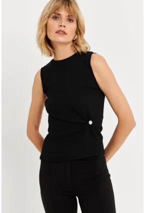 Kadın Siyah Düğme Aksesuarlı Büzgülü Bluz TF72