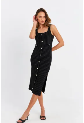 Kadın Siyah Düğme Aksesuarlı Çizgili Midi Elbise SDY1253