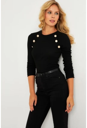 Kadın Siyah Düğme Aksesuarlı Kaşkorse Bluz EY2914