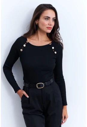 Kadın Siyah Düğme Aksesuarlı Kaşkorse Bluz EY2945