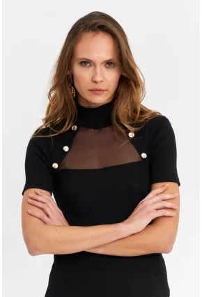Kadın Siyah Düğme Aksesuarlı Kaşkorse Bluz TF56