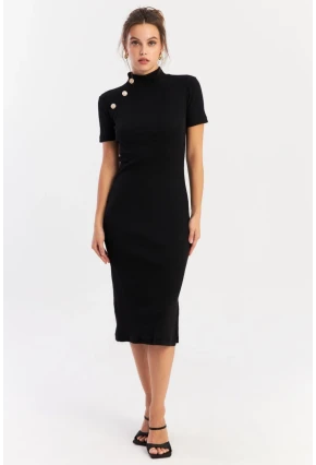 Kadın Siyah Düğme Aksesuarlı Kaşkorse Midi Elbise EY2931