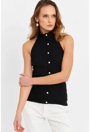 Kadın Siyah Düğme Aksesuarlı Kolsuz Bluz EY3065