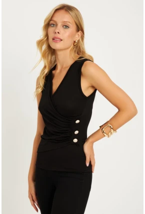 Kadın Siyah Düğme Aksesuarlı Kuruvaze Bluz EY2835