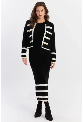 Kadın Siyah Düğme Aksesuarlı Triko Takım NUV38