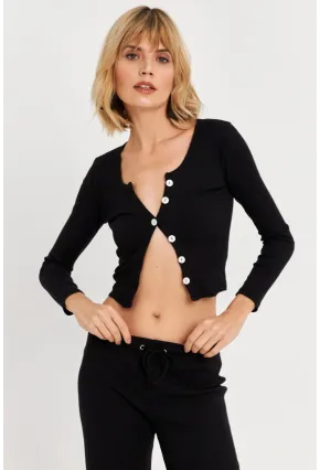 Kadın Siyah Düğme Detaylı Basic Bluz ALB3814