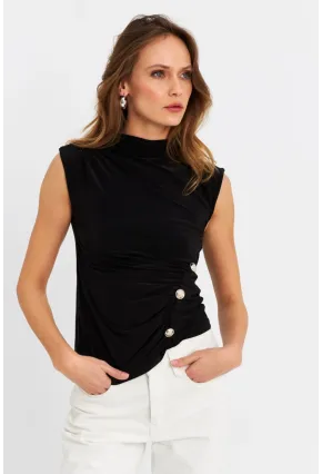 Kadın Siyah Düğme Detaylı Bluz LPP1022