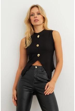Kadın Siyah Düğme Detaylı Bluz RLO145