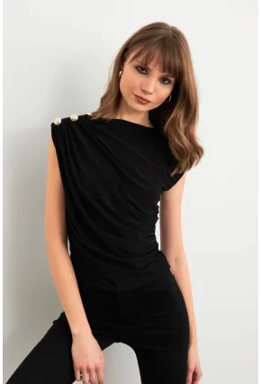 Kadın Siyah Düğme Detaylı Büzgülü Bluz LPP1205-1