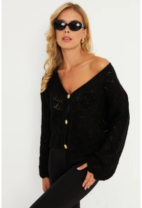 Kadın Siyah Düğme Detaylı Hırka YV276