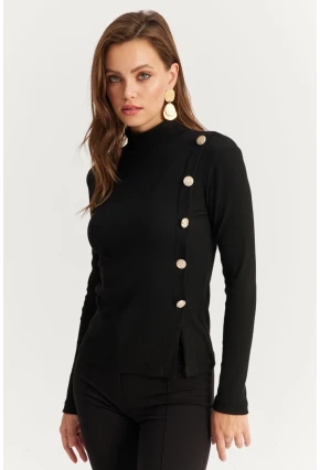 Kadın Siyah Düğme Detaylı Kaşkorse Bluz EY2927