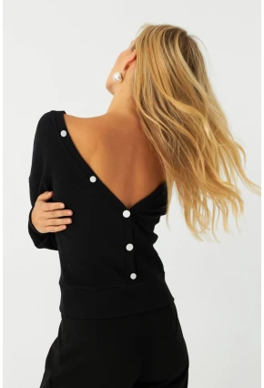 Kadın Siyah Düğme Detaylı Kaşkorse Bluz EY2994