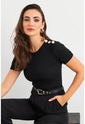 Kadın Siyah Düğme Detaylı Kaşkorse Bluz EY3031
