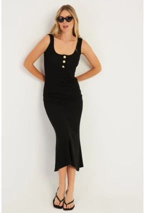 Kadın Siyah Düğme Detaylı Kaşkorse Maxi Elbise EY2759