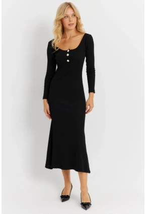 Kadın Siyah Düğme Detaylı Kaşkorse Midi Elbise EY2854