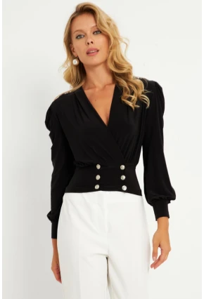 Kadın Siyah Düğme Detaylı Kruvaze Bluz ELT3188