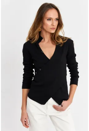 Kadın Siyah Düğme Detaylı Kruvaze Kaşkorse Bluz TF53