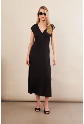 Kadın Siyah Düğme Detaylı Kruvaze Midi Elbise EY0011