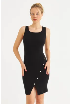 Kadın Siyah Düğme Detaylı Midi Elbise URO1111