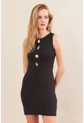 Kadın Siyah Düğme Detaylı Mini Elbise MOD201