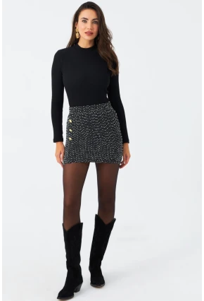 Kadın Siyah Düğme Detaylı Mini Etek RX447