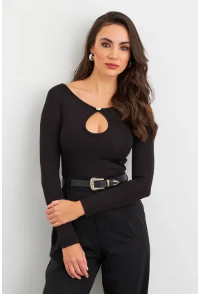 Kadın Siyah Düğme Detaylı Pencereli Bluz EY3026