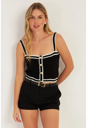 Kadın Siyah Düğme Detaylı Triko Crop Bluz MSS134