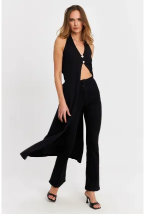 Kadın Siyah Düğme Detaylı Uzun Yelek EY3048