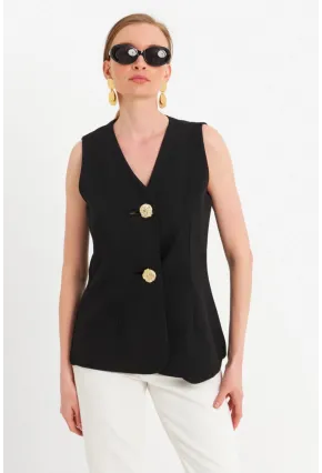 Kadın Siyah Düğme Detaylı Yelek CAR1152