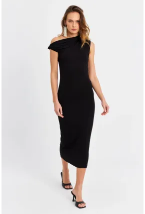 Kadın Siyah Düğümlü Midi Elbise EY3069