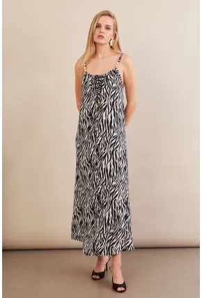 Kadın Siyah-Ekru Boyun Bağlamalı Midi Elbise AN6005