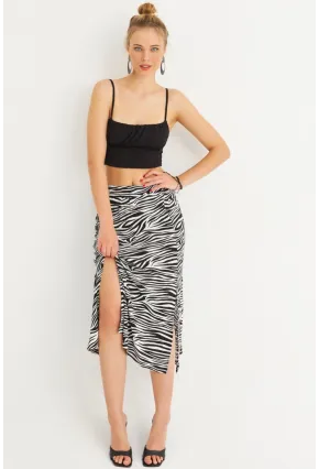 Kadın Siyah-Ekru Desenli Midi Etek FRY2227