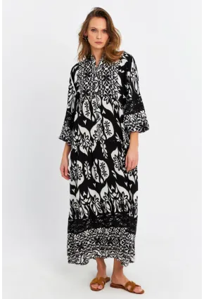 Kadın Siyah-Ekru Desenli Salaş Midi Elbise MALO3002