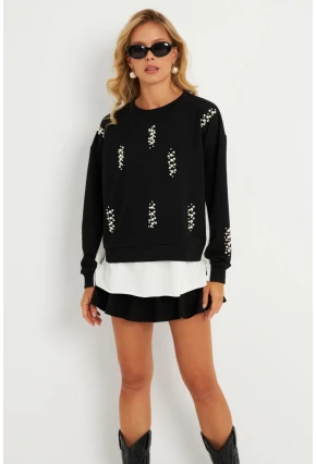 Kadın Siyah-Ekru İncili Sweatshirt MRLO01