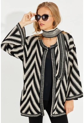Kadın Siyah-Ekru Kemerli Zikzak Triko Hırka MİW1525