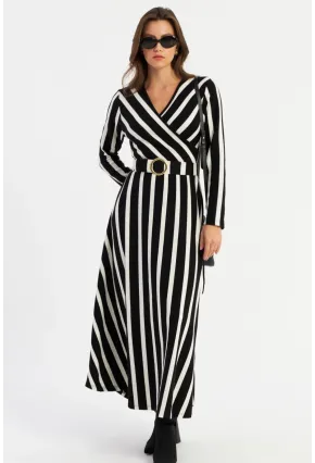 Kadın Siyah-Ekru Kruvaze Kemerli Maxi Elbise MVTN4