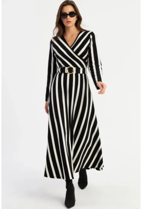 Kadın Siyah-Ekru Kruveze Kemerli Maxi Elbise VTN4