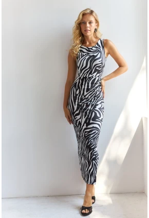 Kadın Siyah-Ekru Önü Büzgülü Desenli Midi Elbise HC1581