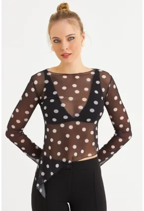 Kadın Siyah-Ekru Puantiyeli Tül Bluz RSP1740