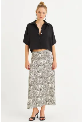 Kadın Siyah-Ekru Saten Midi Etek FİR1970