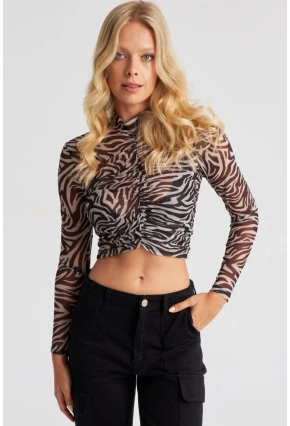 Kadın Siyah-Ekru Zebra Desenli Tül Bluz AYD262