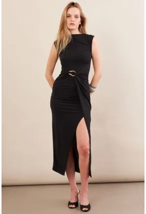 Kadın Siyah Eteği Kruvaze Tokalı Midi elbise KED7340
