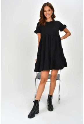 Kadın Siyah Eteği Volanlı Bisiklet Yaka Elbise B85