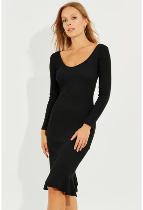 Kadın Siyah Eteği Volanlı Kaşkorse Midi Elbise Yİ2490