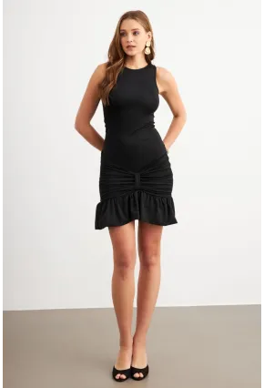 Kadın Siyah Etegi Volanlı Mini Elbise DCF026