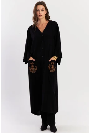 Kadın Siyah Etnik Desenli Maxi Dokuma Elbise ALO318