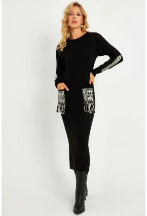 Kadın Siyah Etnik Triko Midi Elbise RH03