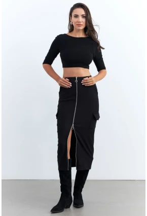 Kadın Siyah Fermuarlı Cepli Midi Etek ELT3999