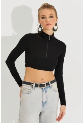 Kadın Siyah Fermuarlı Crop Bluz MEN2020